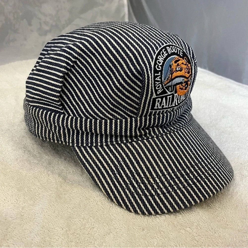 Striped Conductor Hat with Royal Gorge Route Railroad Cap Embroidered Patch